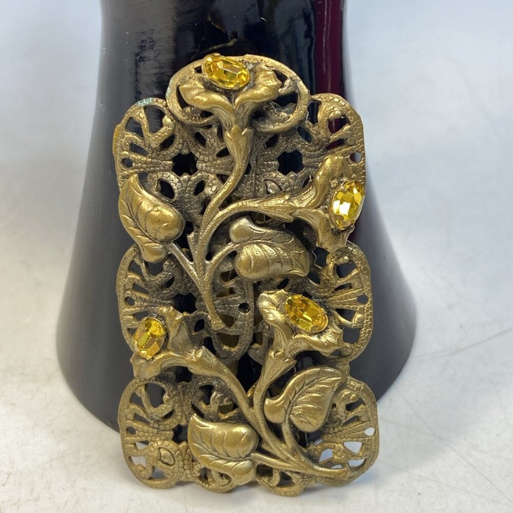 Antique Art Nouveau Fur Clip Dress Pin Filigree Goldtone Floral Rhinestone